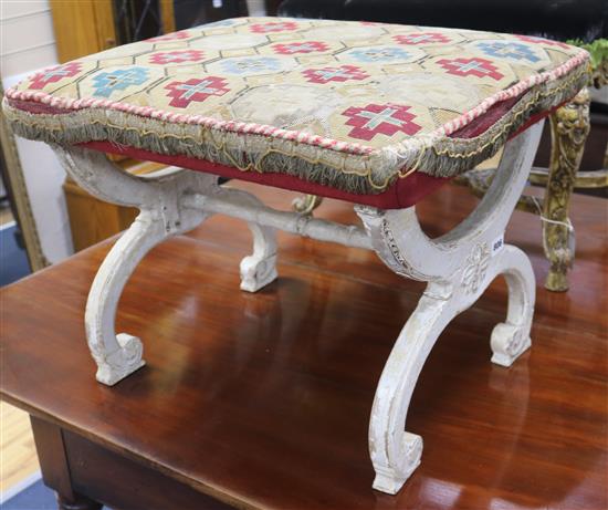 A tapestry top X frame stool, W.61cm